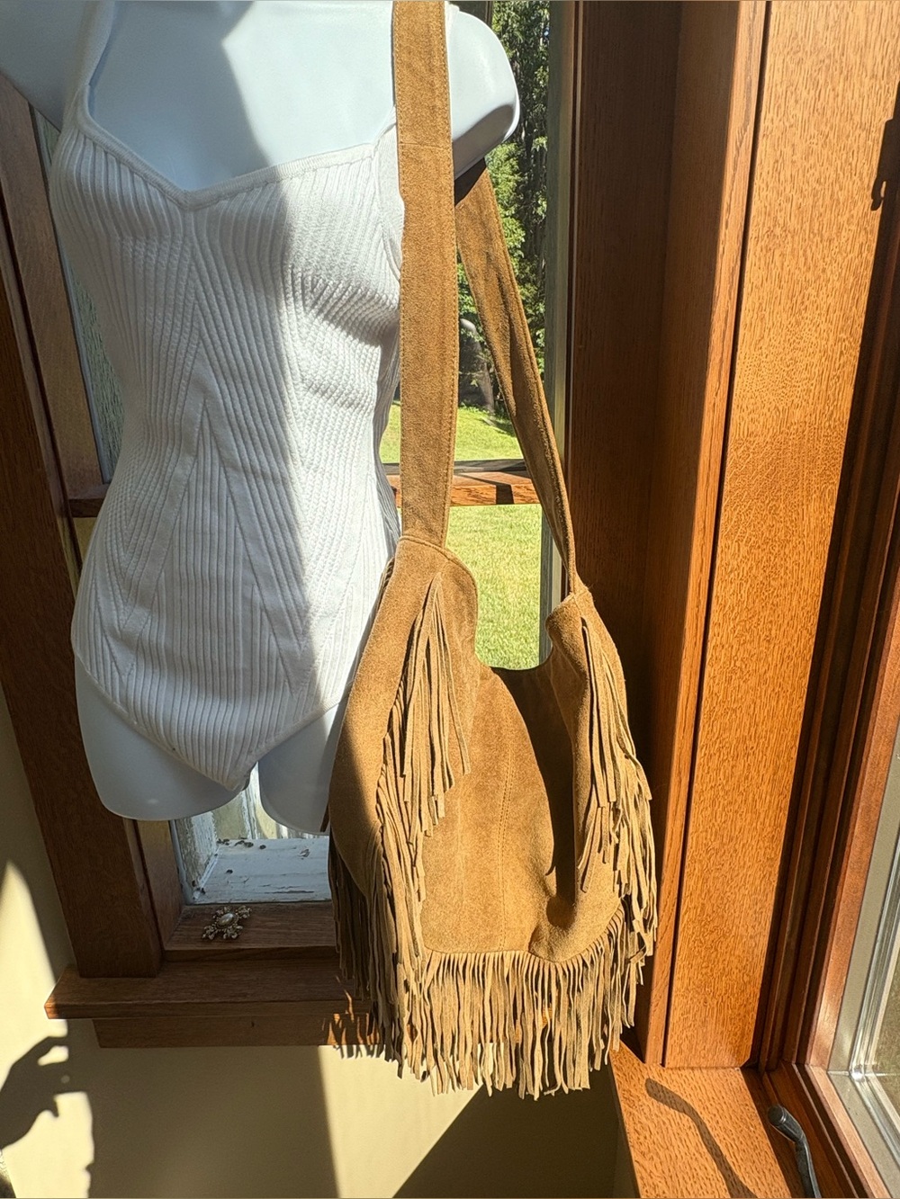 Vintage Brown Suede Long Fringe Bag Purse Green Coast XL - Picture 2 of 12